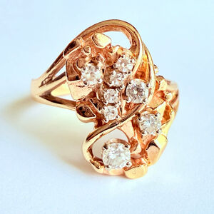 Estate Custom 14K Yellow Gold .65 CTW Diamond Solitaire Nugget Cluster Ring